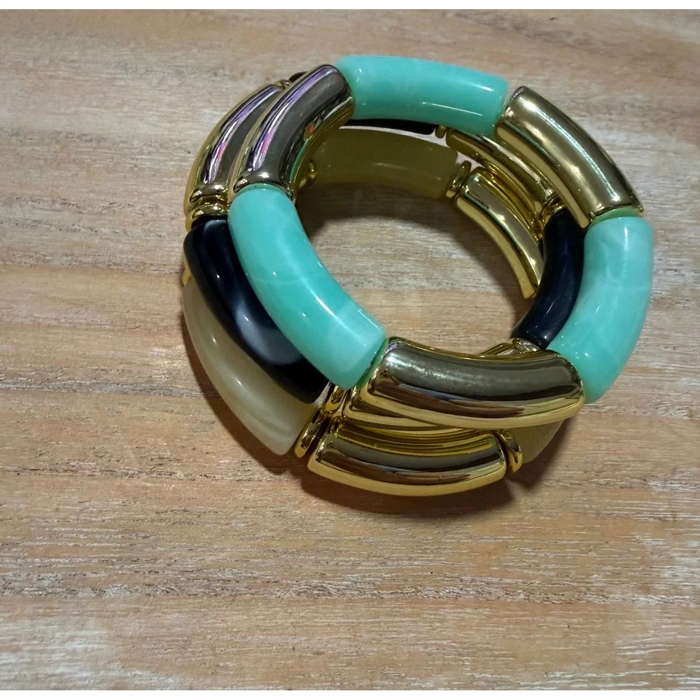 Glam Coastal Luxe Stretch Bracelet‎ Stack Set Gold Aqua Ivory Black
